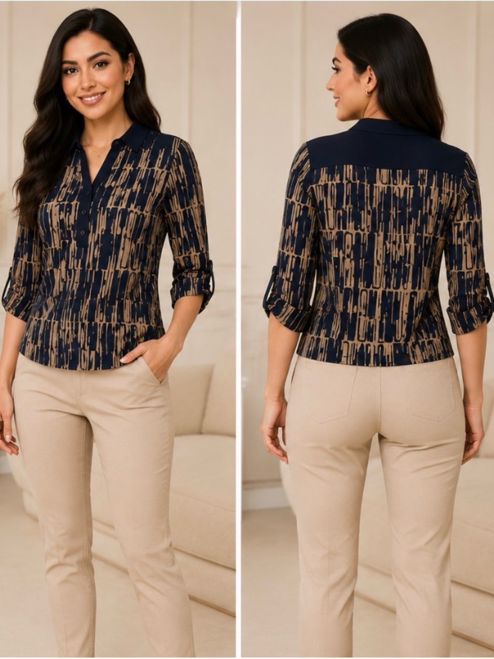 Perseption Navy and Tan Abstract Print Button-Front Blouse